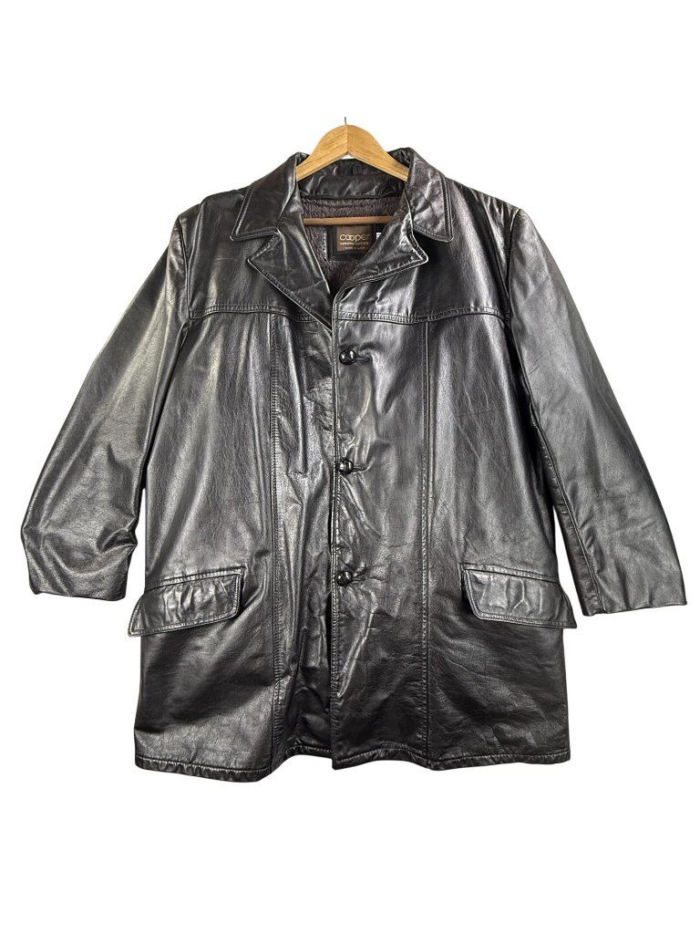 Vintage Cooper Coat Mens 46l Black Leather Overcoat Removable Liner Usa 80s